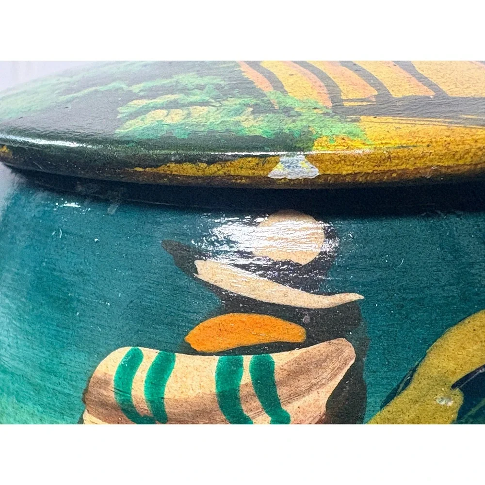 Vintage Hand Painted Wooden Trinket Box Llama Folk Art Mountain Scene Round Lid